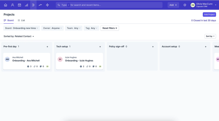 a screenshot shows an example Capsule Project board for onboarding new hires