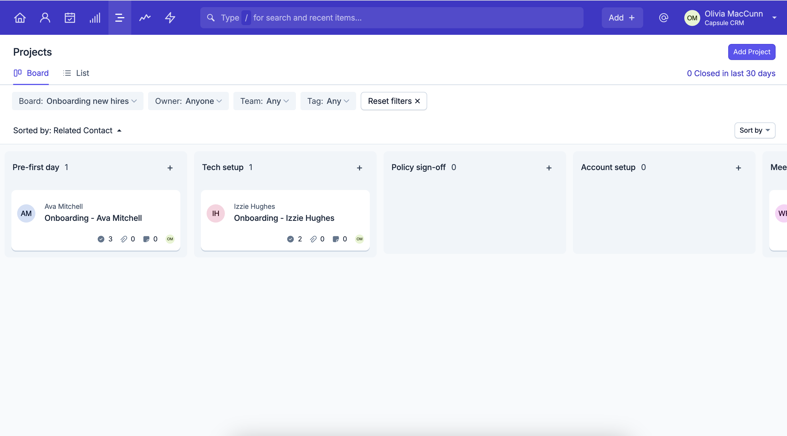 a screenshot shows an example Capsule Project board for onboarding new hires