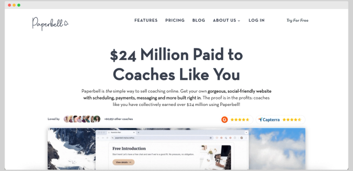 Paperbell’s landing page showcases $24 million paid to coaches and features text about scheduling, payments, and built-in tools.