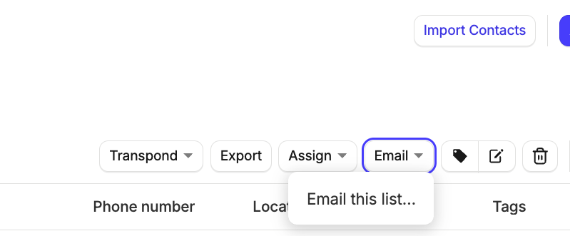 Botão de e-mail com a opção 'enviar esta lista por e-mail' visível