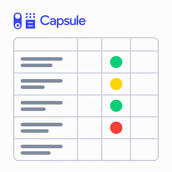 Capsule-branded table showing multiple rows with colored dots (green, yellow, red) indicating task or status levels.