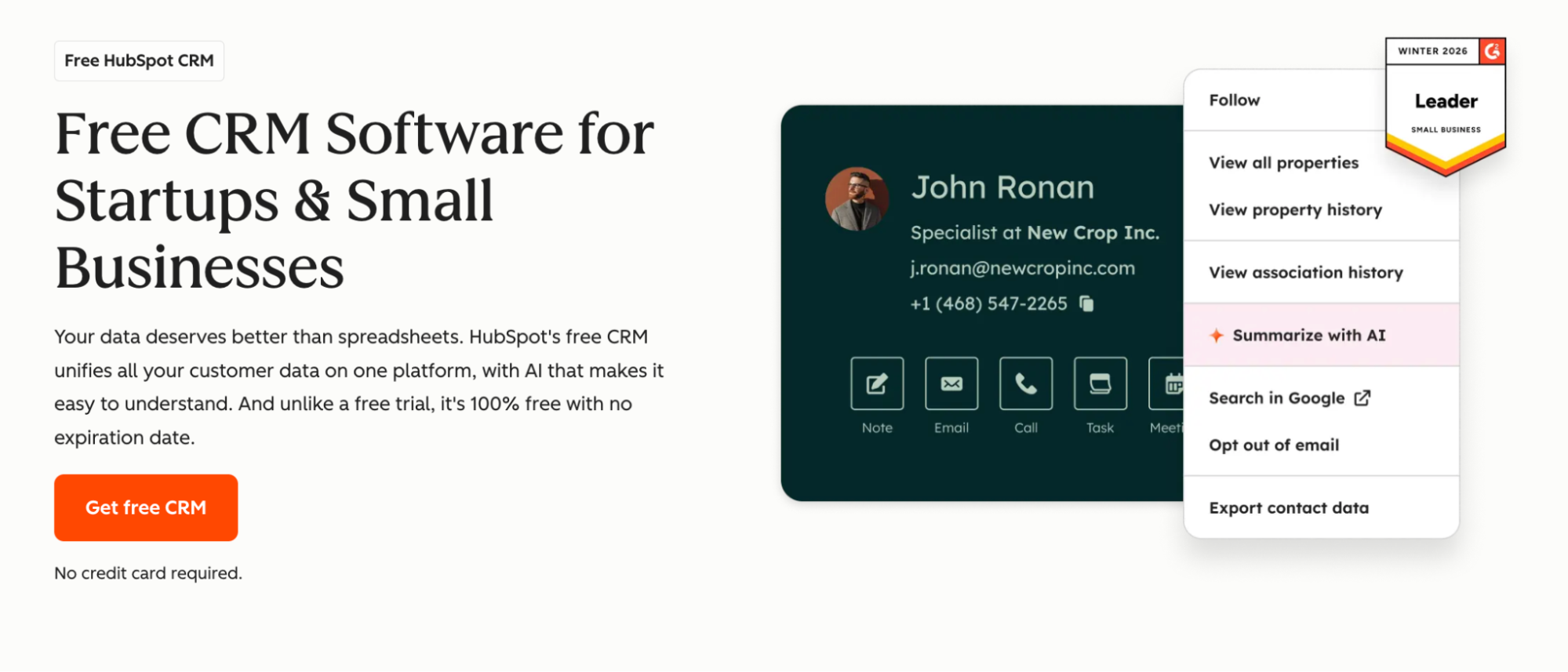 HubSpot CRM interface showing a contact card with a highlighted "Summarize with AI" option in a dropdown menu.