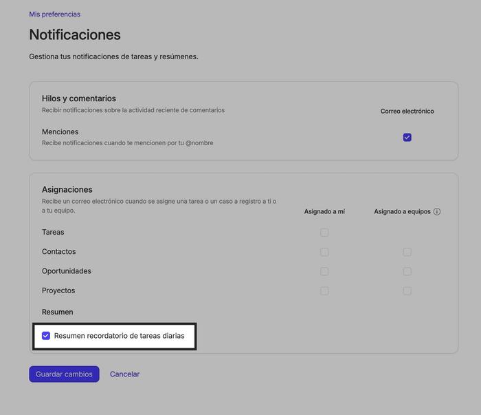 Marca la casilla en la sección de notificaciones de preferencias de usuario para activar el correo electrónico recordatorio de tareas diarias