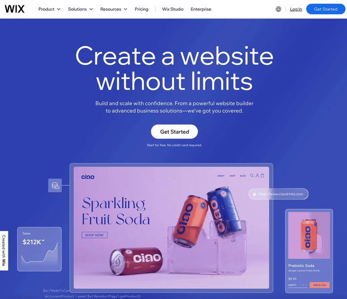 A screenshot of Wix's website
