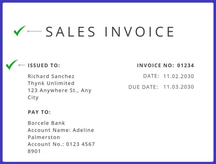 A sales invoice with a check mark on it.
