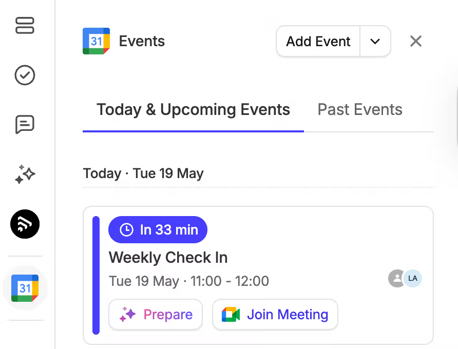 Screenshot of the AI Meeting Prep button, that reads 'Prepare' on an example call in an example Capsule CRM account
