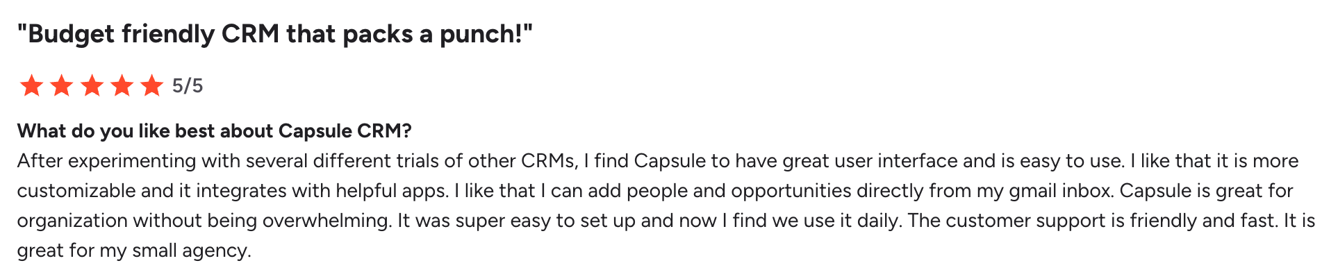 Capsule CRM review praising affordability, customization, and ease of use.