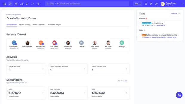 Our small business owner Emma logs into Capsule and gets an instant overview of our sales pipeline upcoming tasks and recent activity in the dashboard