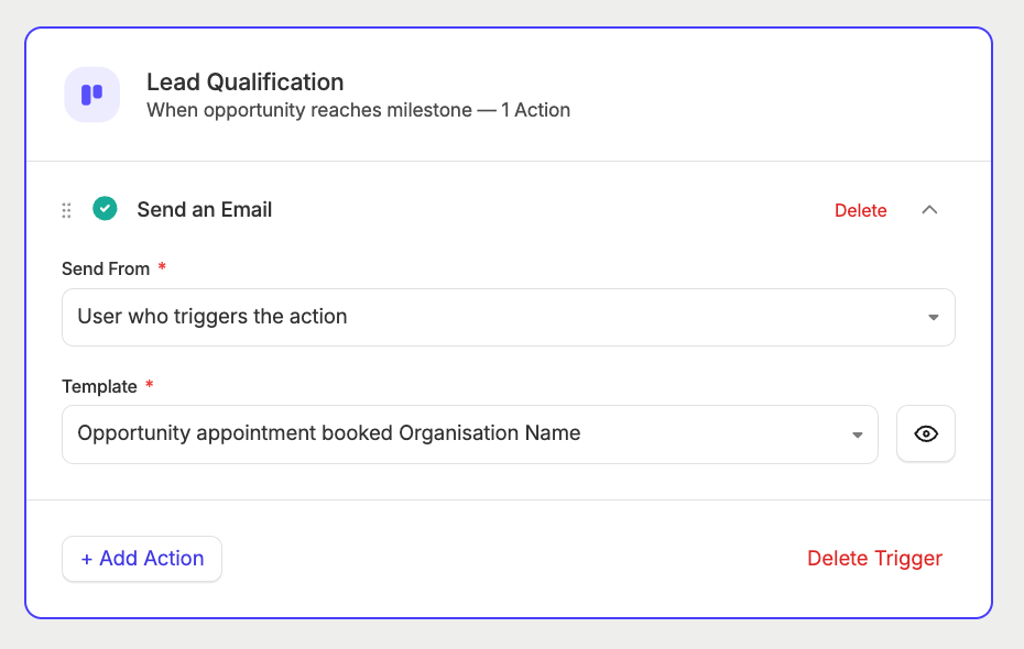Image of the Send an email action on the Workflow Automation setup screen.