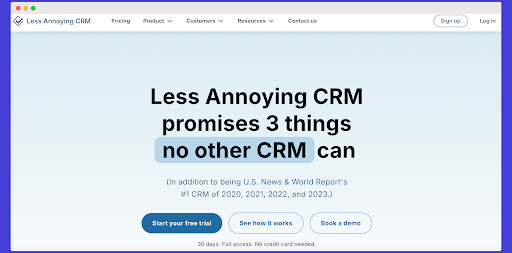 Less Annoying CRM website homepage featuring the slogan "promises 3 things no other CRM can" and #1 ranking by U.S. News.