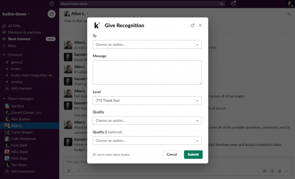 a screenshot of a slack app that says give recognition