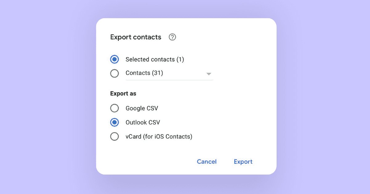 A screenshot shows the pop-up that appears when you export your contacts from Google contacts