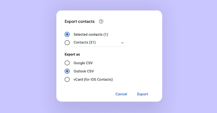 A screenshot shows the pop-up that appears when you export your contacts from Google contacts