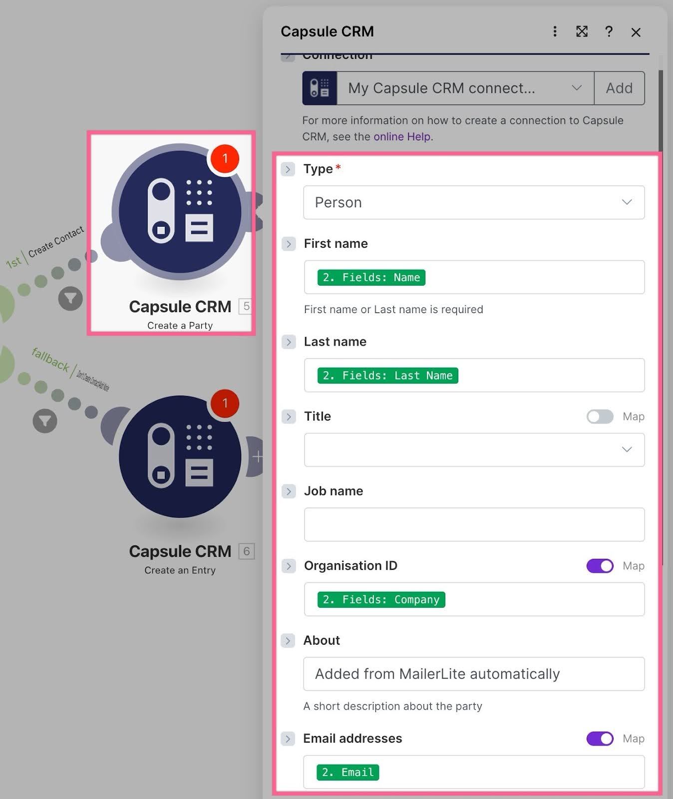 fields highlighted for new capsule contact from mailerlite