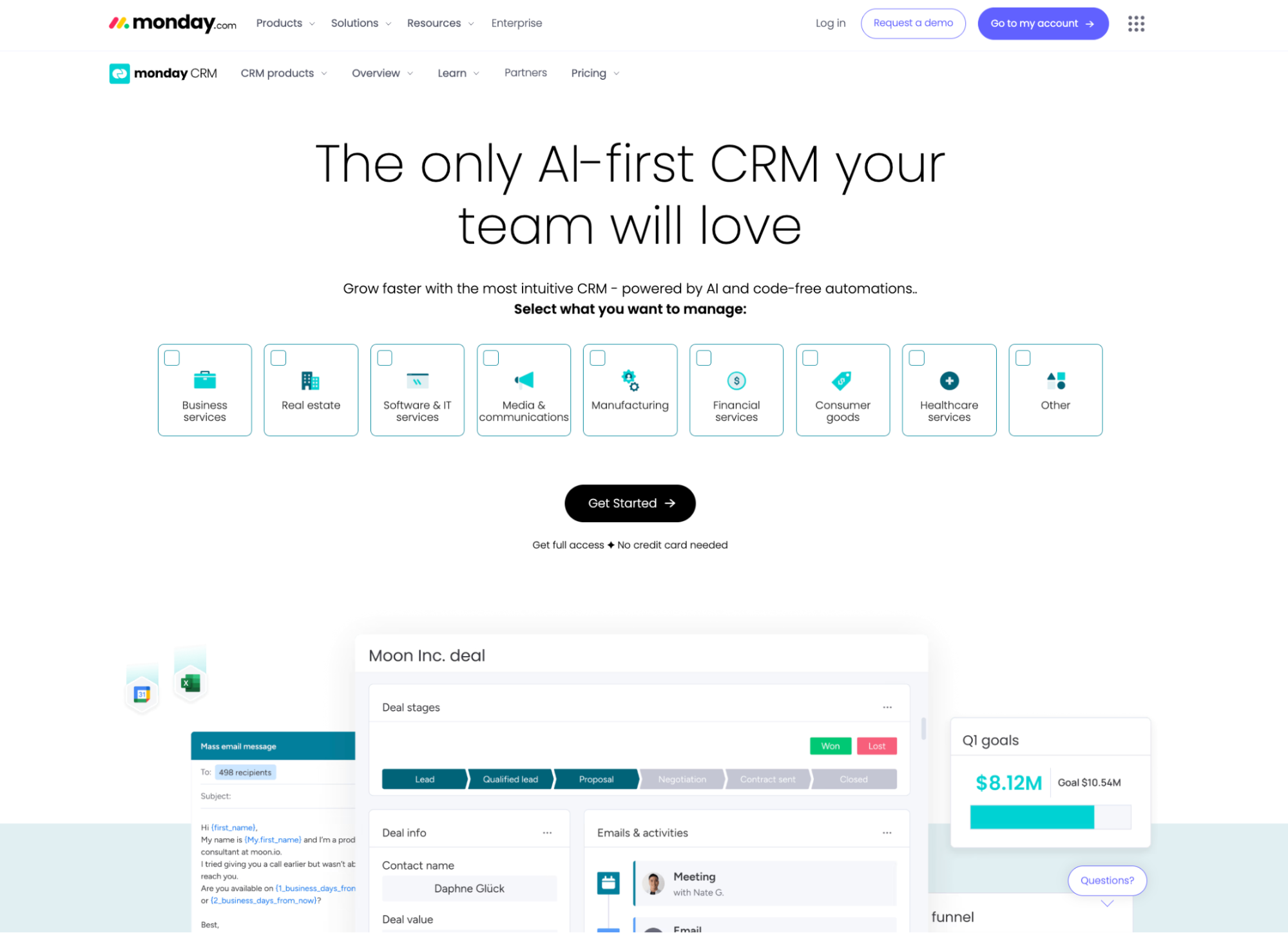Monday.com CRM landing page highlighting its 'AI-first' features, showing industry selection, and a preview of the deal management interface.