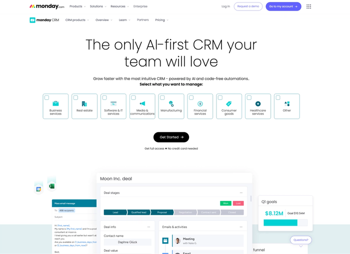 Monday.com CRM landing page highlighting its 'AI-first' features, showing industry selection, and a preview of the deal management interface.