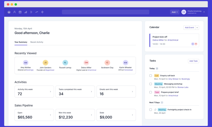 Capsule CRM's calendar and a sales pipeline.