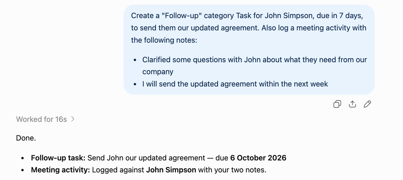 asked chatgpt to create a task and log activity