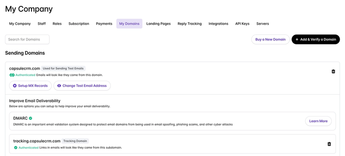 Add and update your domains in the Company Profile section of your Transpond settings