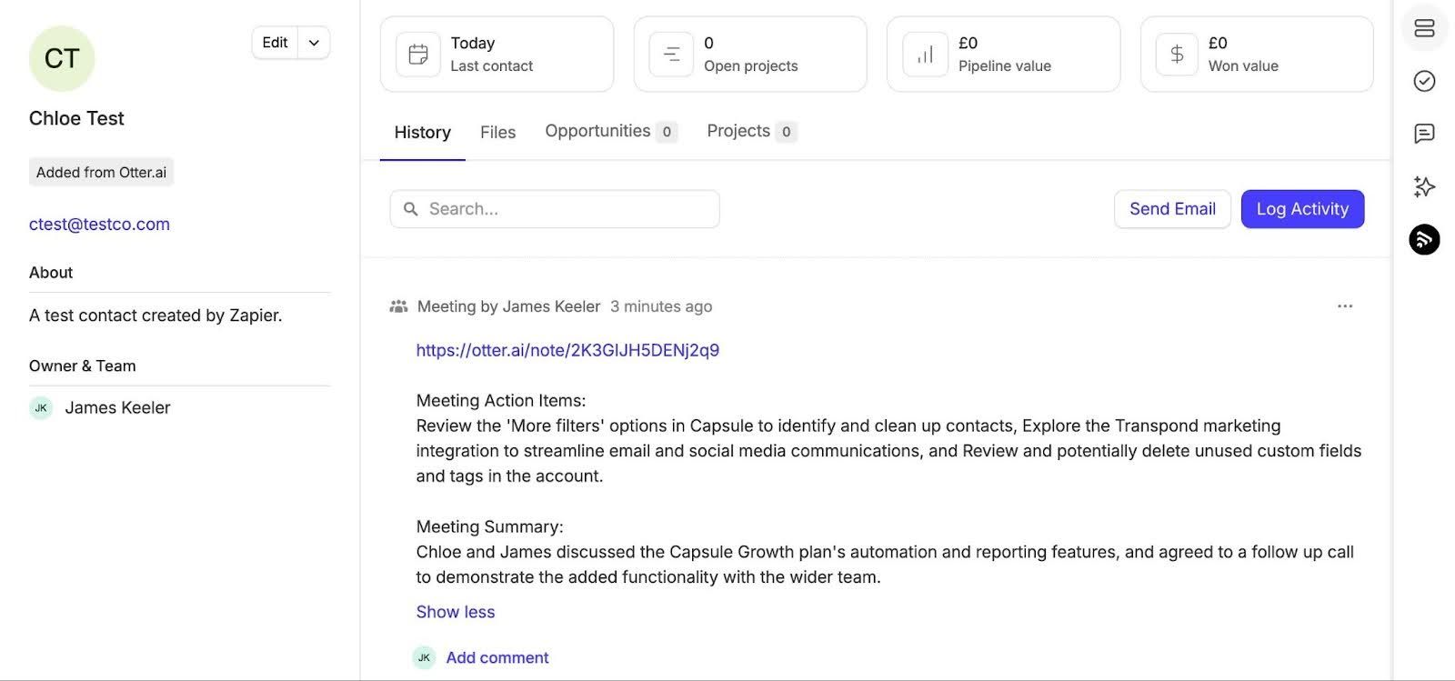 otter.ai transcript added to contact in capsule