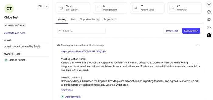 otter.ai transcript added to contact in capsule