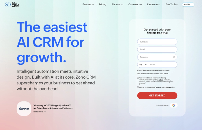 Zoho CRM landing page with the headline "The easiest AI CRM for growth" and a free trial signup form.
