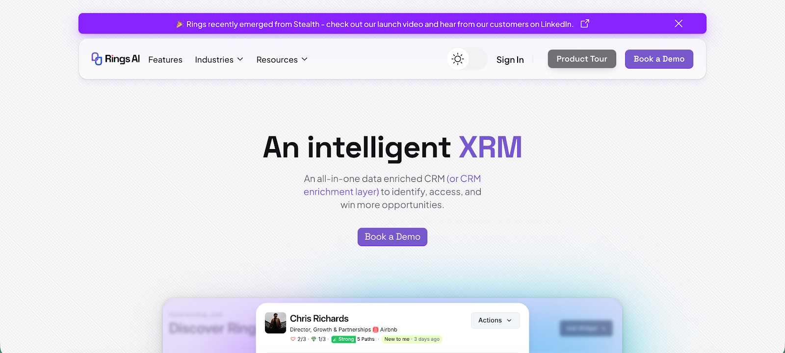 Screenshot of the Rings AI website homepage featuring the tagline "An intelligent XRM".