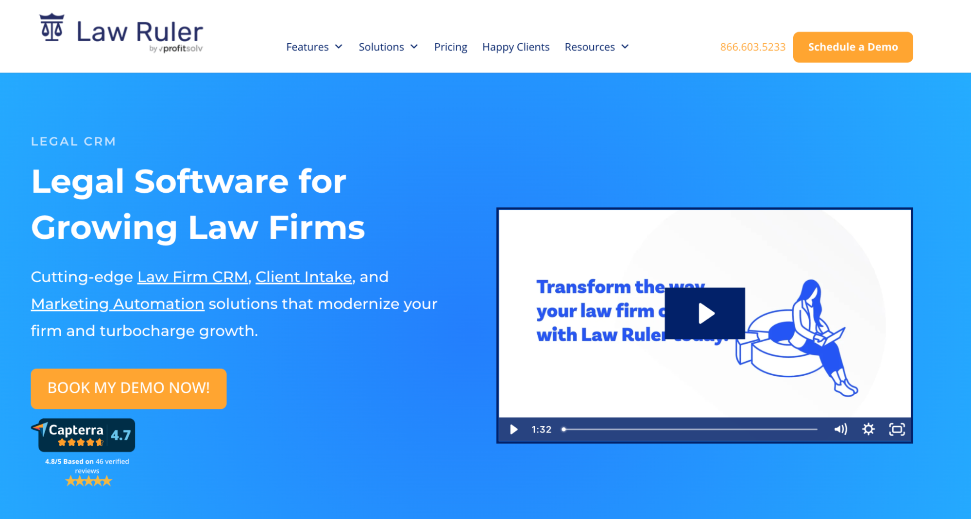 Law Ruler website's hero section with "Legal Software for Growing Law Firms" text, a video player, and a "Book My Demo Now!" button.