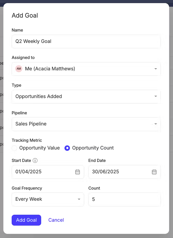 a screenshot of shows the modal that appears to add a goal. in this screen you can add a goal name and assign it to a team member then choose the type of goal its dates frequency and which pipeline it applies to