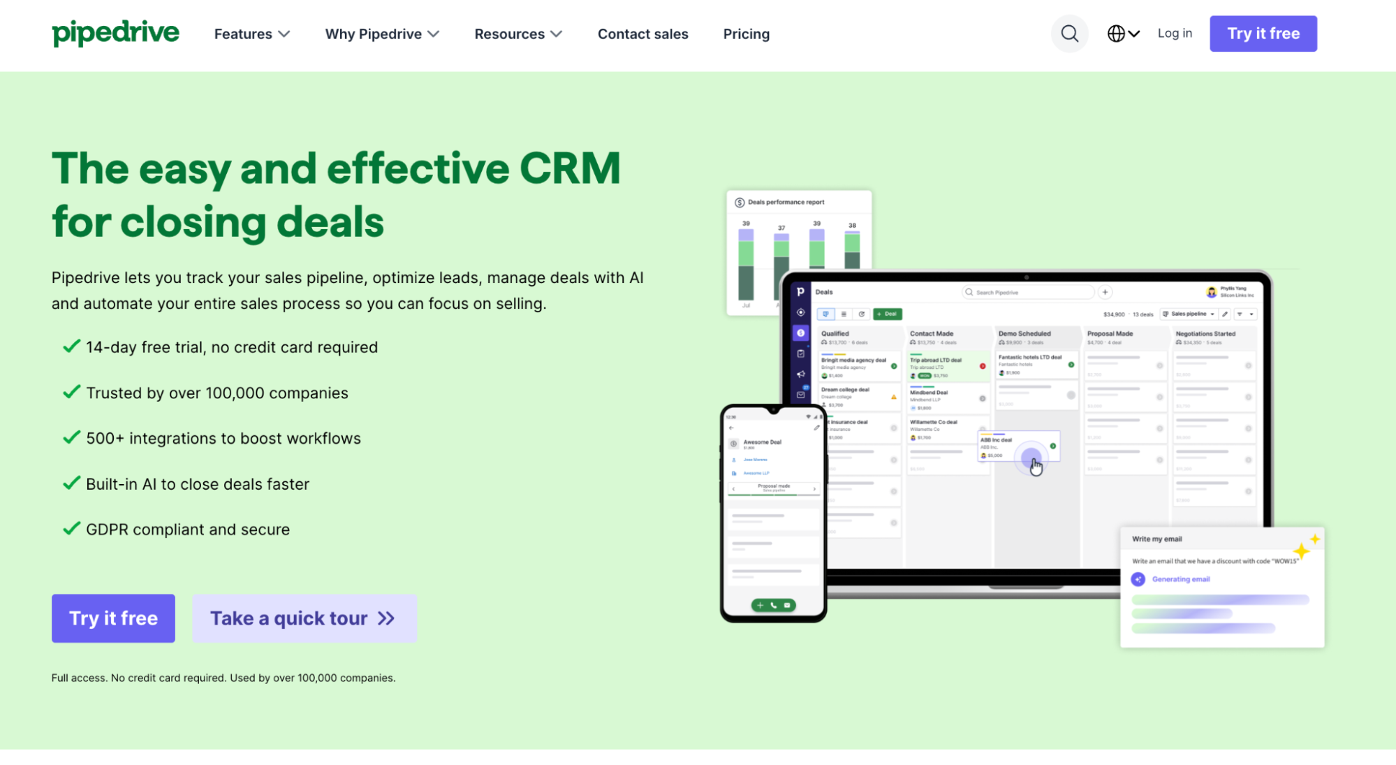 Pipedrive homepage featuring its CRM software, showing a sales pipeline on a laptop and mobile, with a performance report graph.