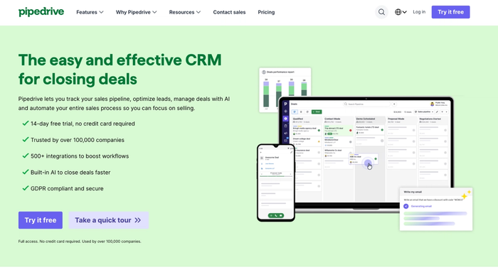 Pipedrive homepage featuring its CRM software, showing a sales pipeline on a laptop and mobile, with a performance report graph.