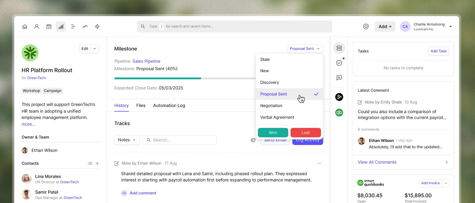Project management software interface showing an 'HR Platform Rollout' project with the 'Proposal Sent' milestone selected.