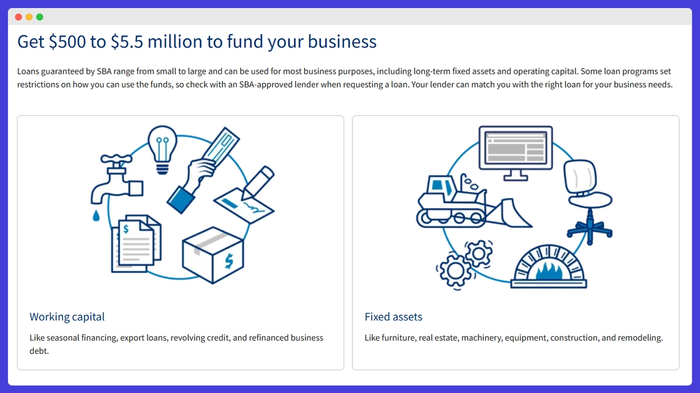 A page that says get $500 to $5.5 million to fund your business.