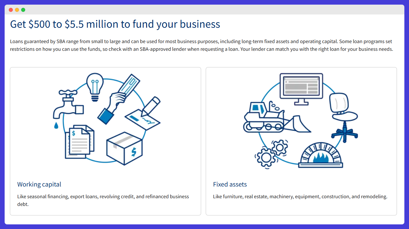 A page that says get $500 to $5.5 million to fund your business.