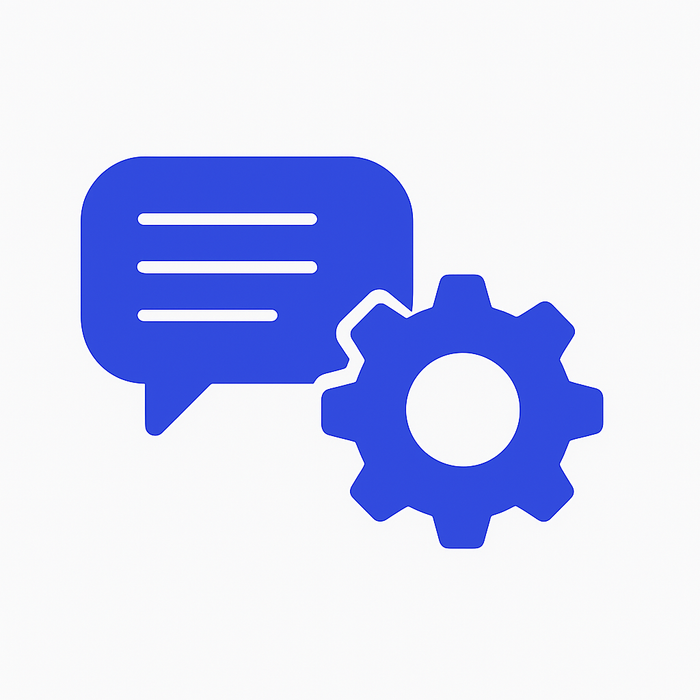 A solid blue icon featuring a speech bubble and a gear, symbolizing communication settings or configurable messaging.