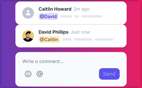 Messaging interface showing users tagging each other in real-time comments, with avatars and timestamped messages.