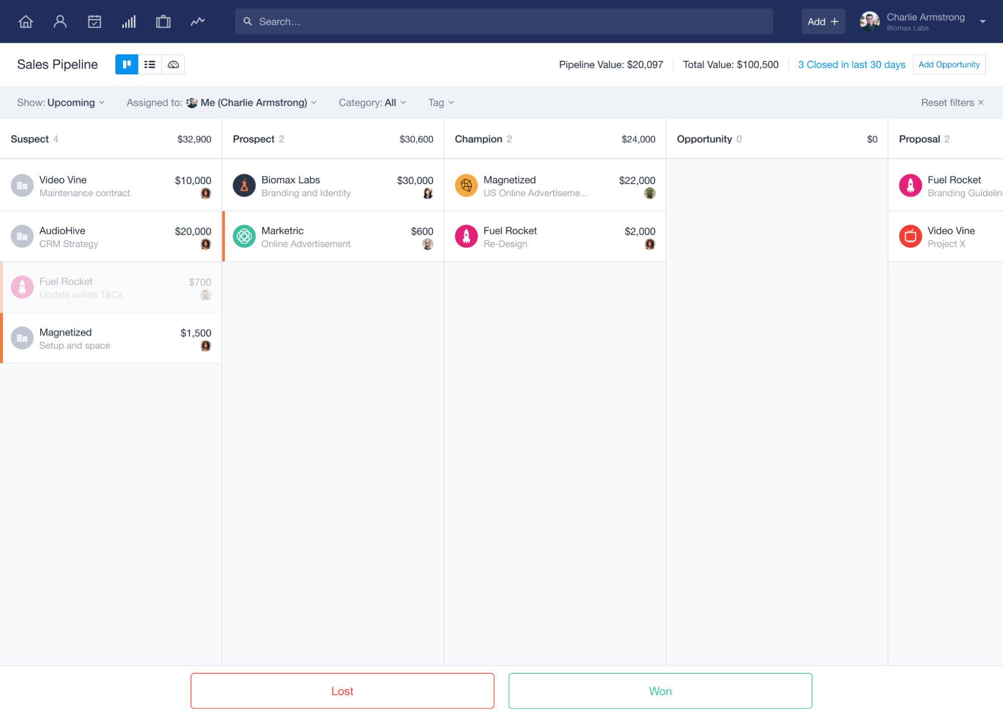 Capsule CRM sales pipeline board.