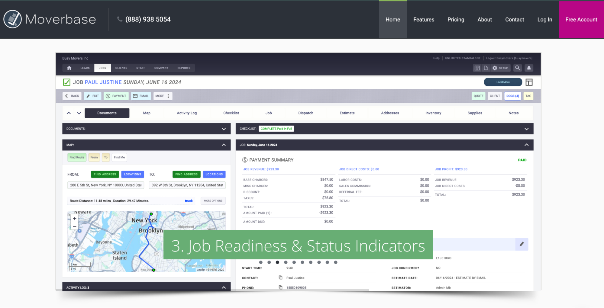 Moverbase job management software interface showing a job's details, map, payment summary, and the text '3. Job Readiness & Status Indicators'.