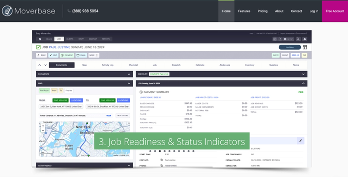 Moverbase job management software interface showing a job's details, map, payment summary, and the text '3. Job Readiness & Status Indicators'.