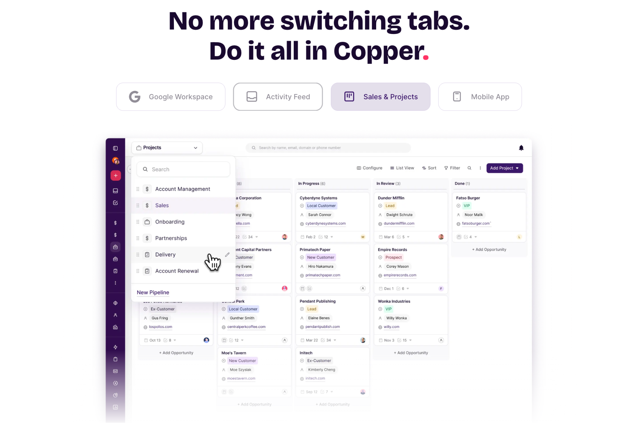 Copper CRM page with sales and projects dashboard.