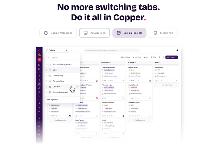 a screenshot of a website that says no more switching tabs do it all in copper