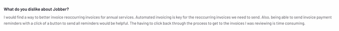 User review of Jobber expressing dissatisfaction with invoice handling for recurring services, lack of batch invoice reminders, and time-consuming navigation.