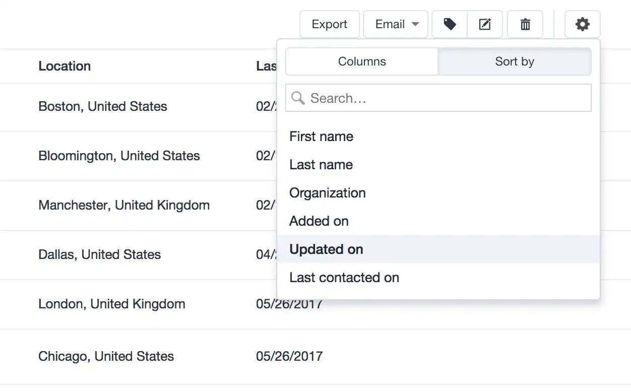 opciones para ordenar listas por nombre, fecha de actualización, etcétera