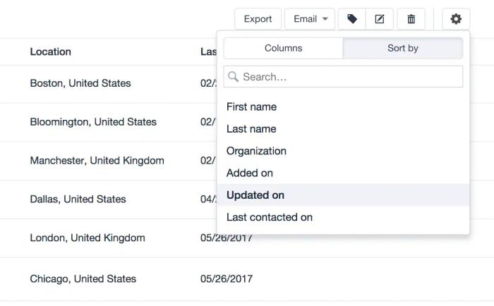 opciones para ordenar listas por nombre, fecha de actualización, etcétera