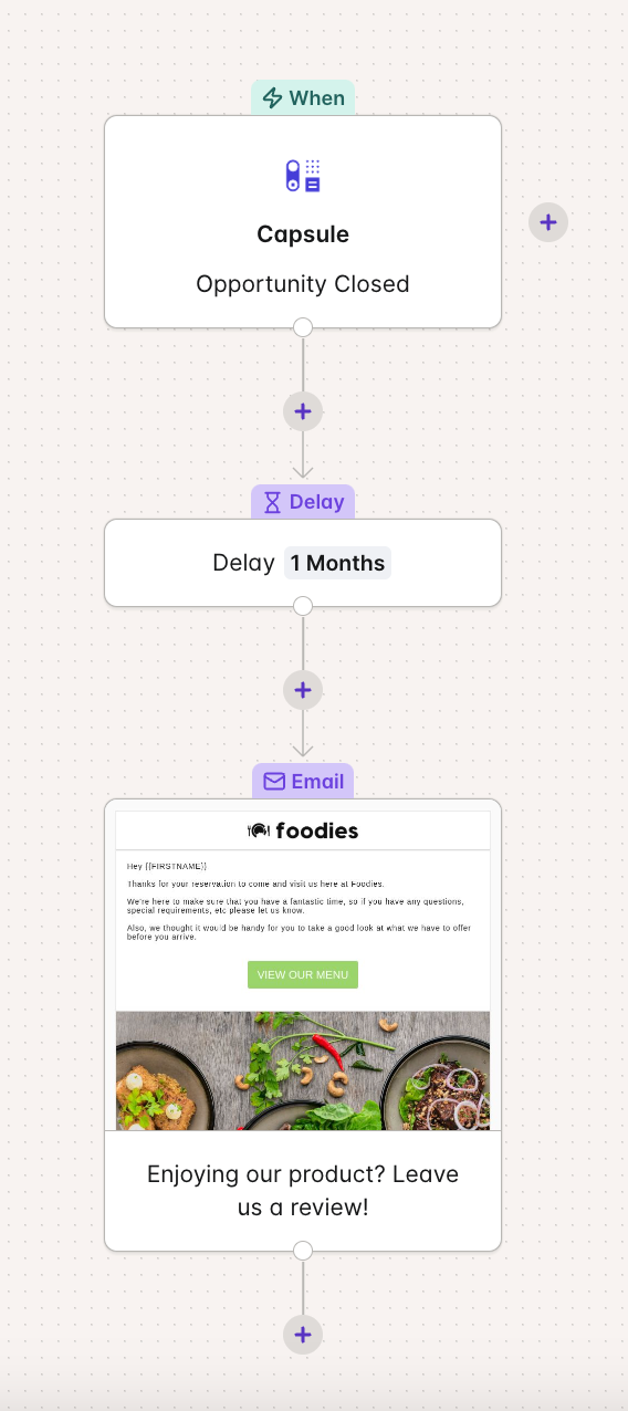 a flow chart showing when capsule opportunity closed delay 1 months email and enjoying our product leave us a review