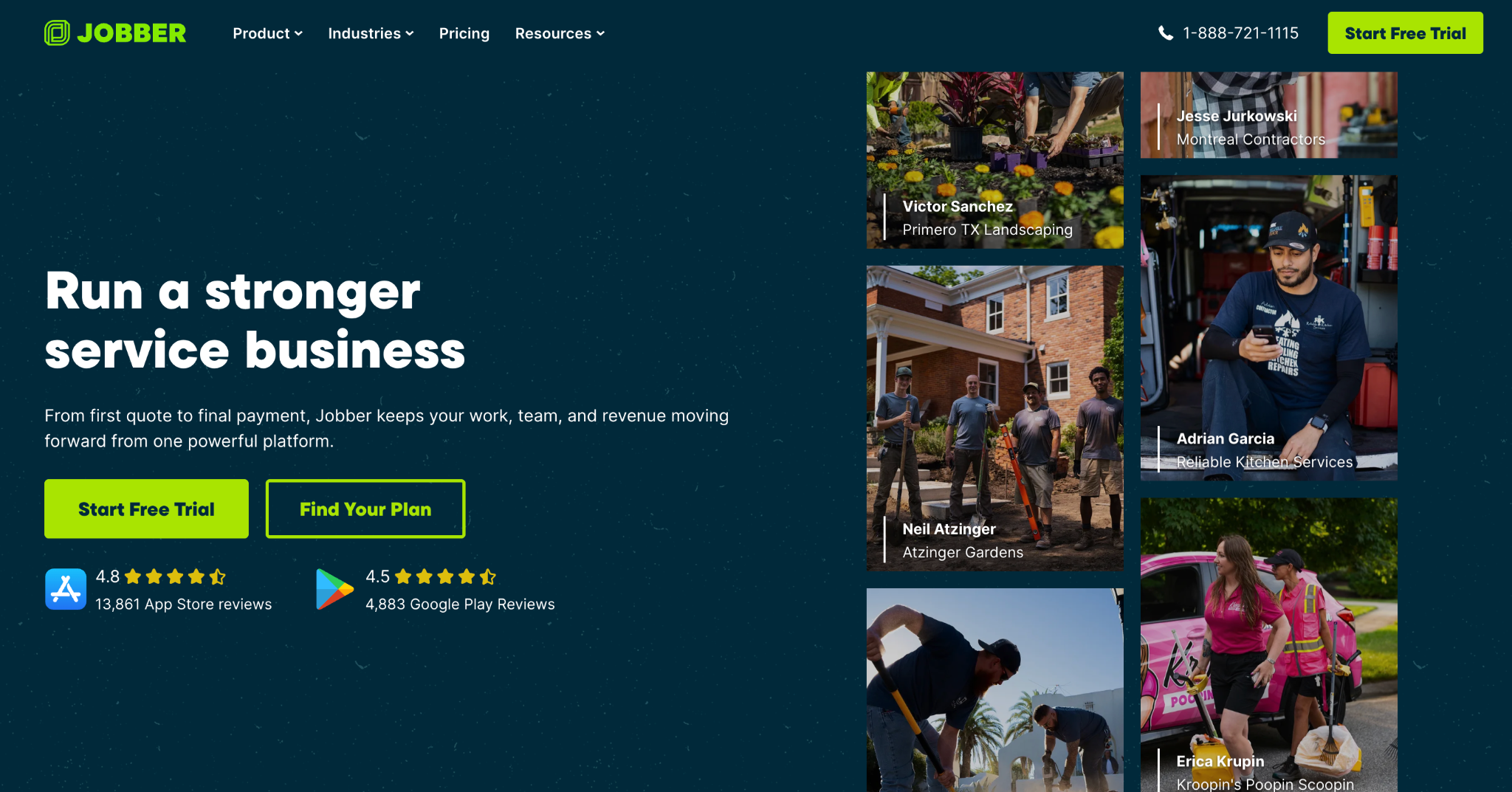 Jobber website with "Run a stronger service business" headline, free trial options, and a grid of photos showing various service professionals.