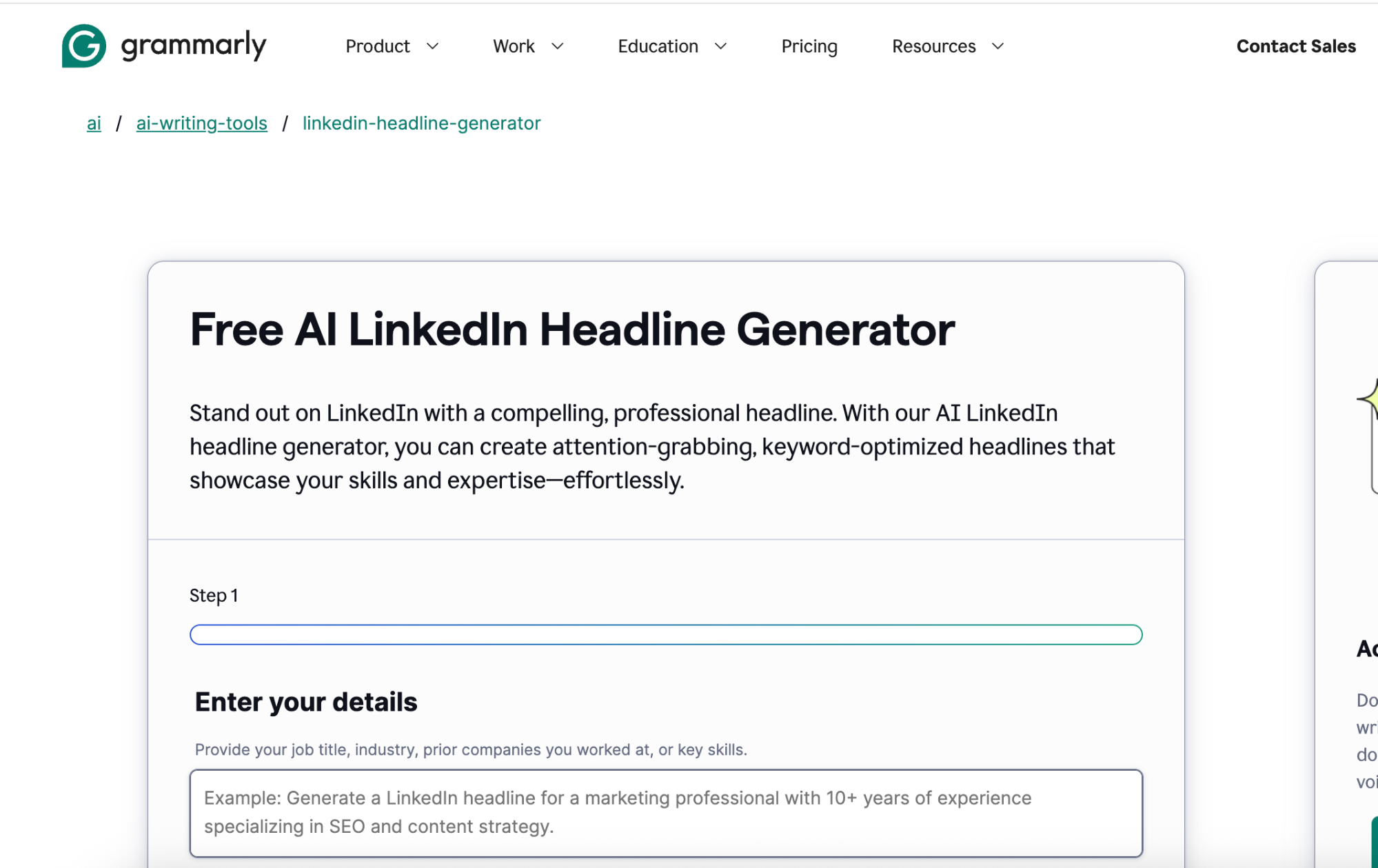 a screenshot of grammarly 's free al linkedin headline generator