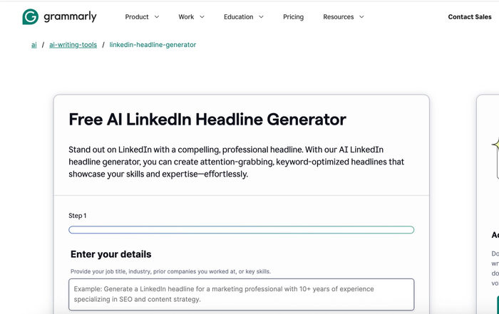 a screenshot of grammarly 's free al linkedin headline generator
