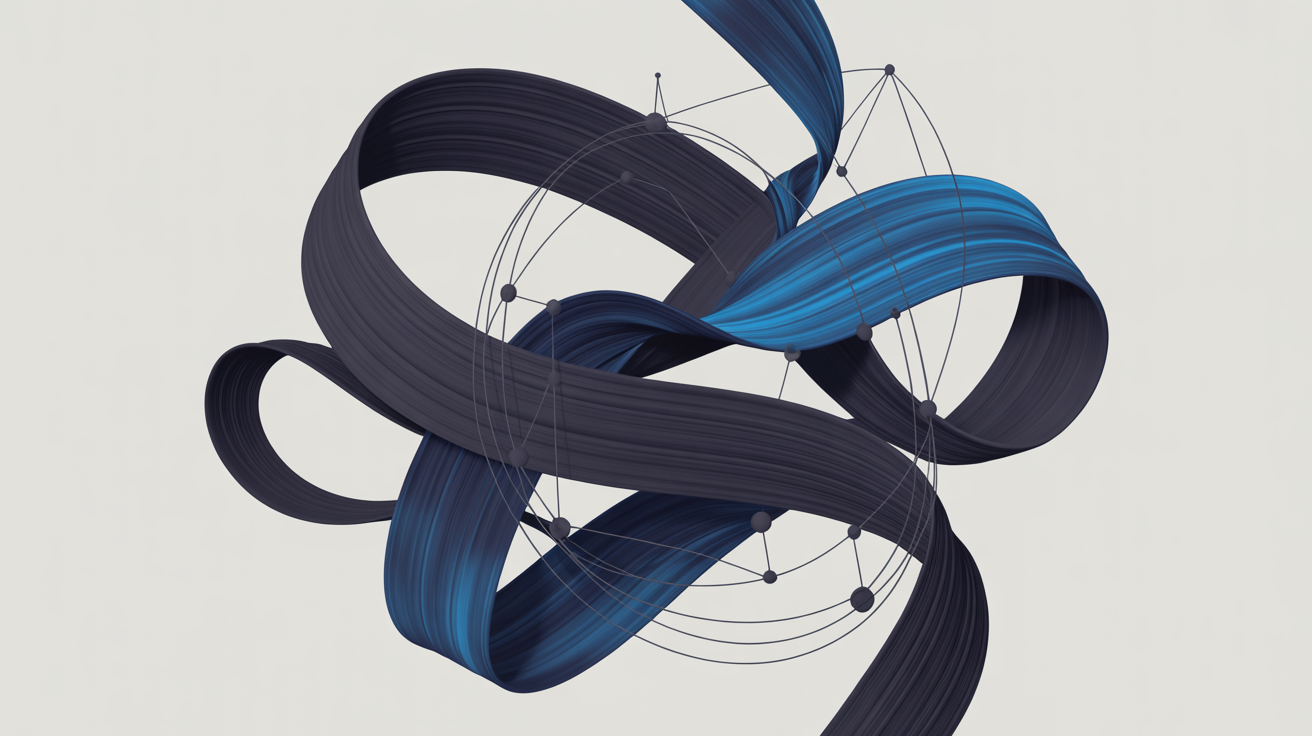Abstract intertwined blue ribbons with a subtle geometric network.