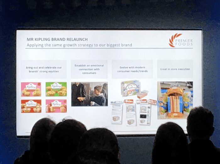 people watching a presentation about Mr Kipling brand relaunch